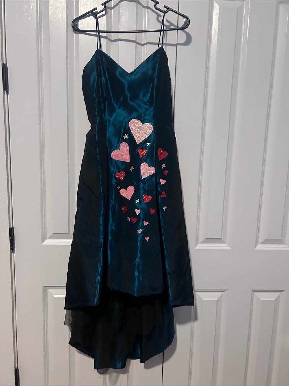 Teal Satin High Low Spaghetti-Strap Dress